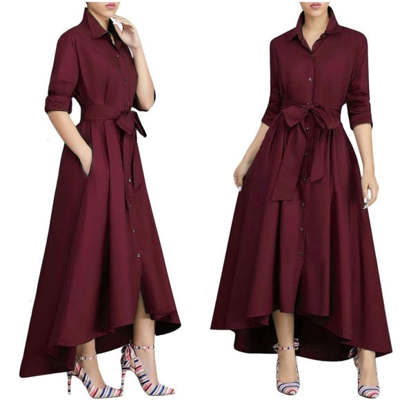 Verwin Dresses & Skirts - NWOT Verwin Red V Collar Long Sleeve Button Down High Low Shirt Maxi Dress XL